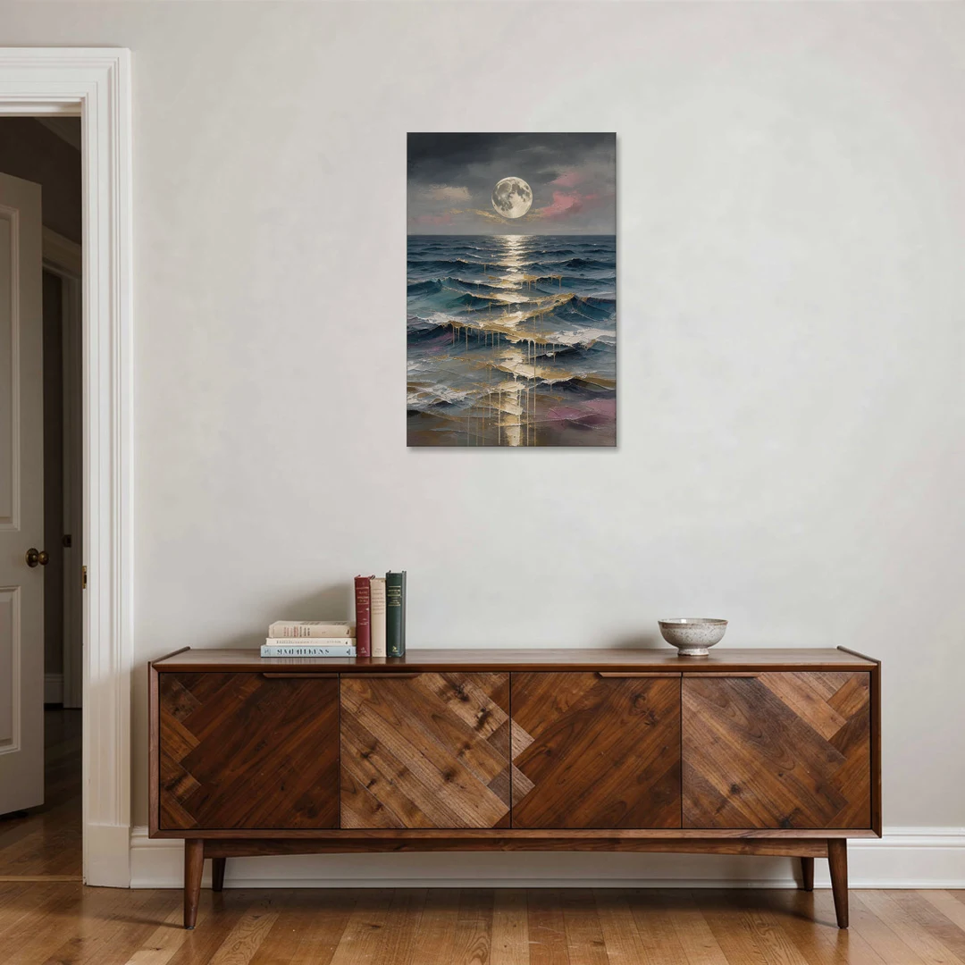 Hallway Wall Art with Gold Moonlight on Waves - Canvas Wall Art - Coffee Table - 24x36