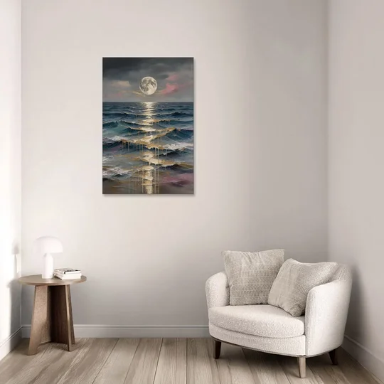 Hallway Wall Art with Gold Moonlight on Waves - Canvas Wall Art - Sofa - 24x36