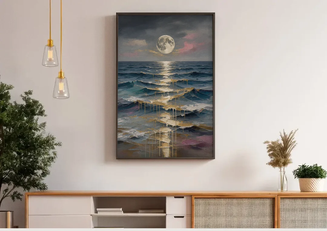 Hallway Wall Art with Gold Moonlight on Waves canvas wall art above a wooden sideboard under pendant lights