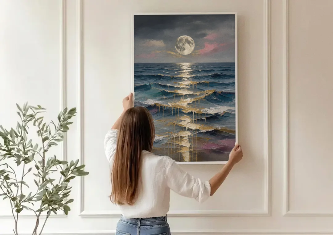 Hallway Wall Art with Gold Moonlight on Waves canvas wall art being hung on a paneled wall