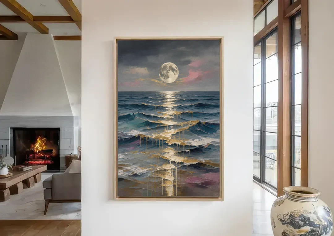 Hallway Wall Art with Gold Moonlight on Waves canvas wall art in a living room with a fireplace