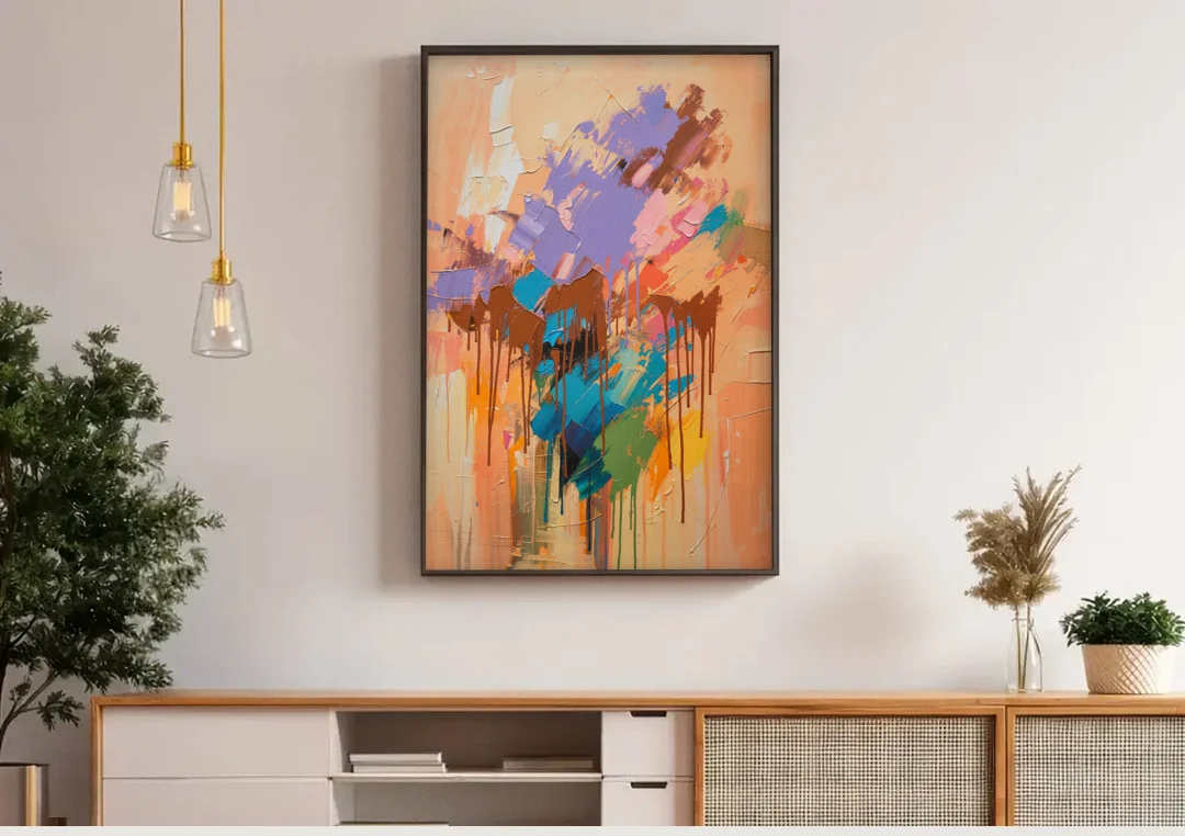 Hand Painted Abstract Canvas Chestnut Drip Bloom canvas wall art above a wooden sideboard under pendant lights