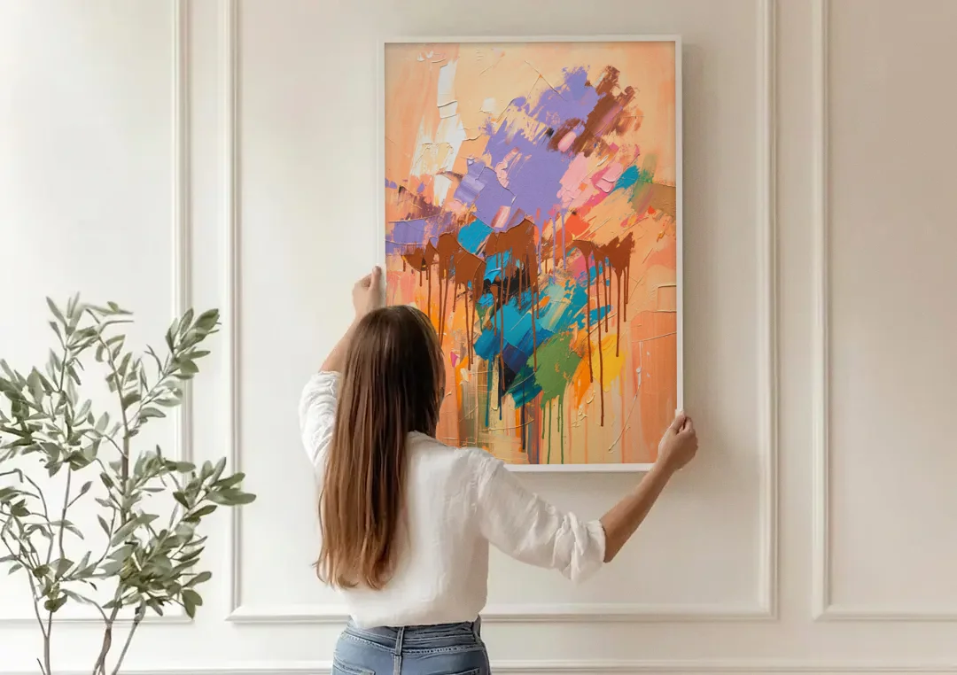 Hand Painted Abstract Canvas Chestnut Drip Bloom canvas wall art being hung on a paneled wall