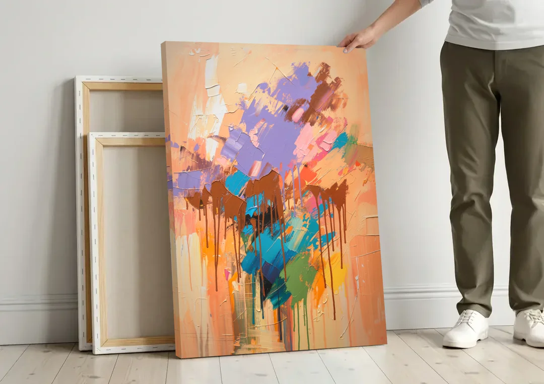 Hand Painted Abstract Canvas Chestnut Drip Bloom canvas wall art leaning against a wall next to blank canvases