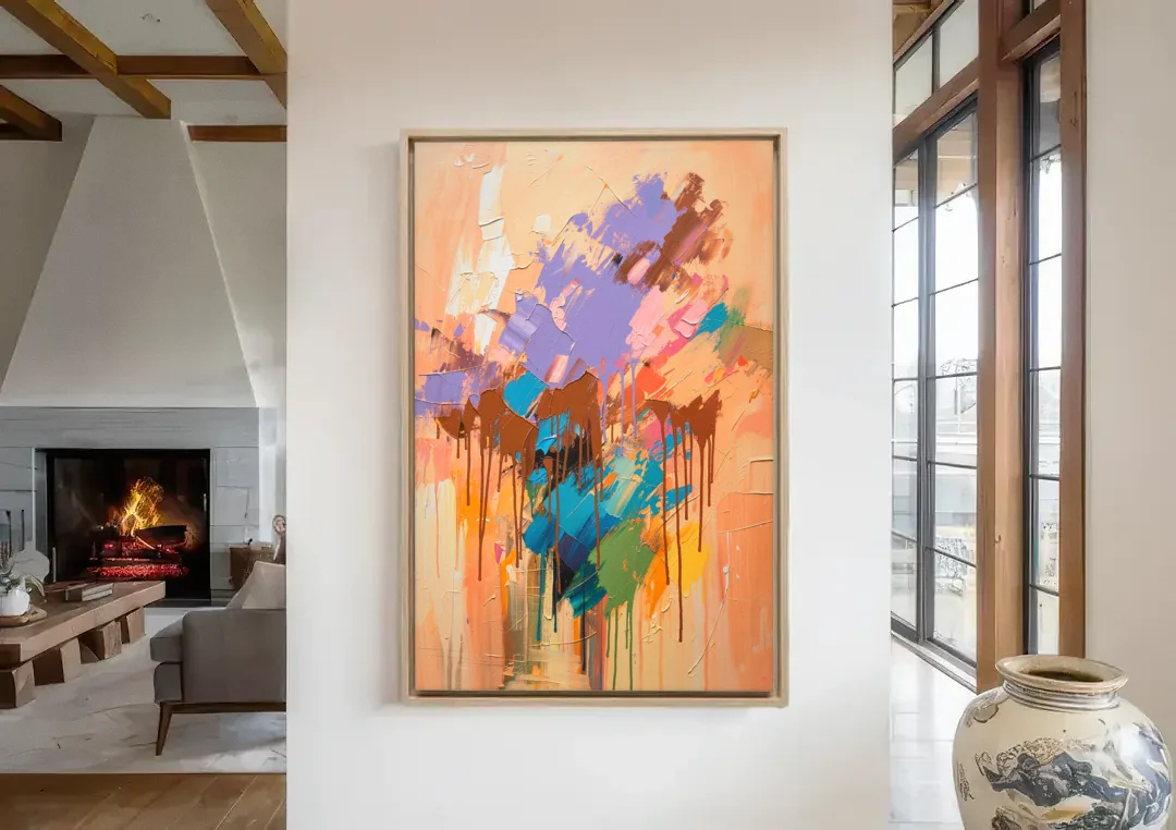 Hand Painted Abstract Canvas Chestnut Drip Bloom canvas wall art in a living room with a fireplace