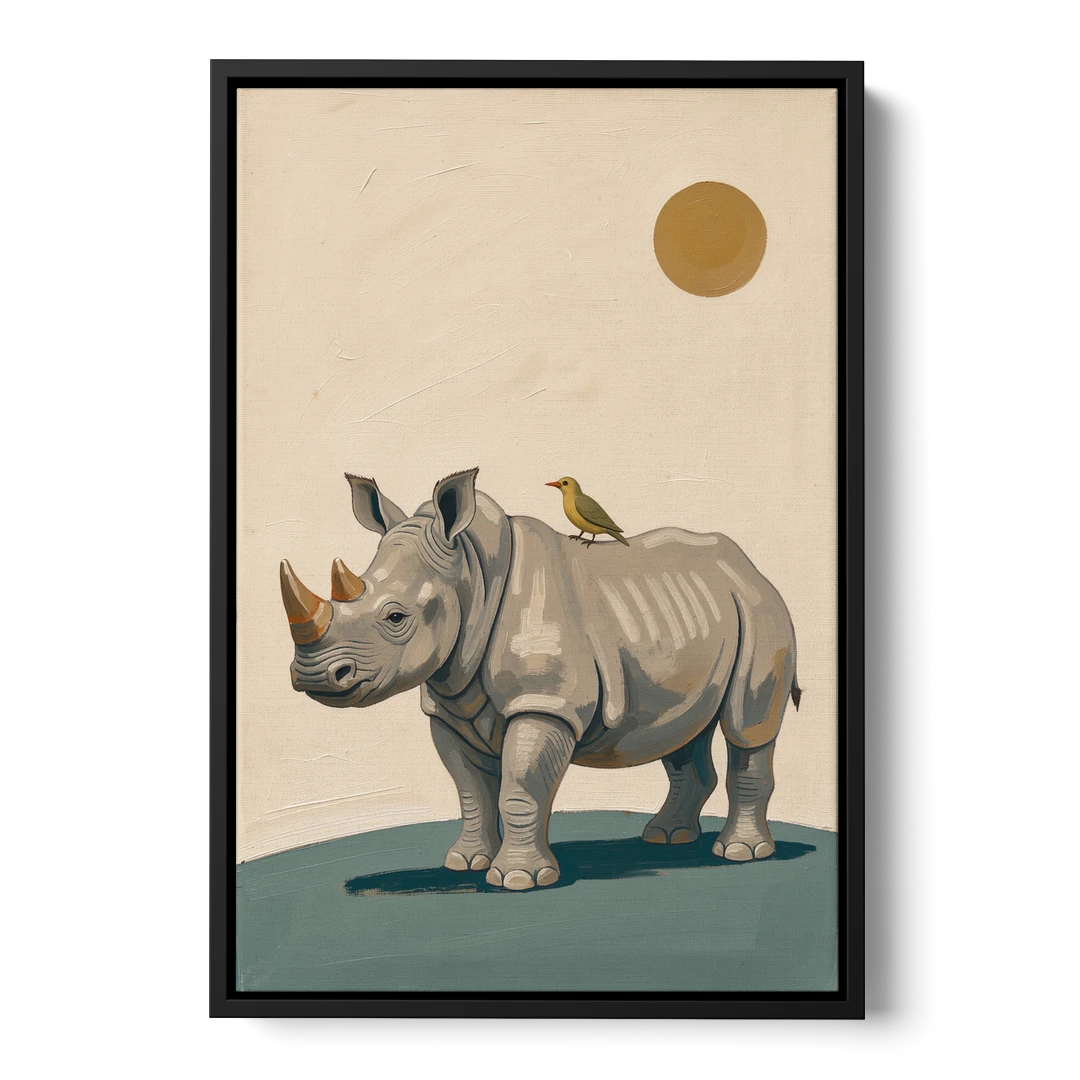 Hand Painted Baby Rhino and Oxpecker for the Nursery - Black Framed Canvas Wall Art - Front