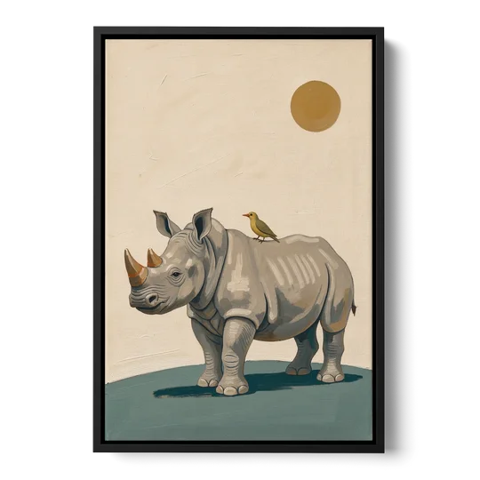 Hand Painted Baby Rhino and Oxpecker for the Nursery - Black Framed Canvas Wall Art - Front