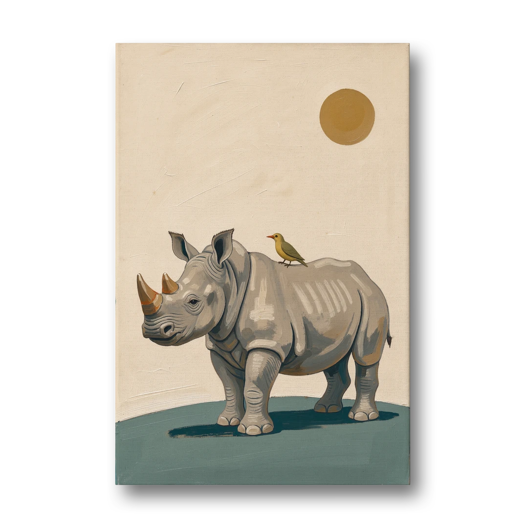 Hand Painted Baby Rhino and Oxpecker for the Nursery - Canvas Wall Art - Front