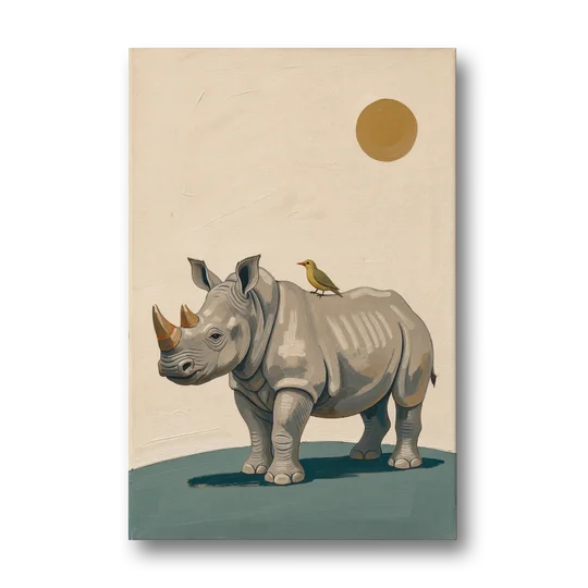 Hand Painted Baby Rhino and Oxpecker for the Nursery - Canvas Wall Art - Front