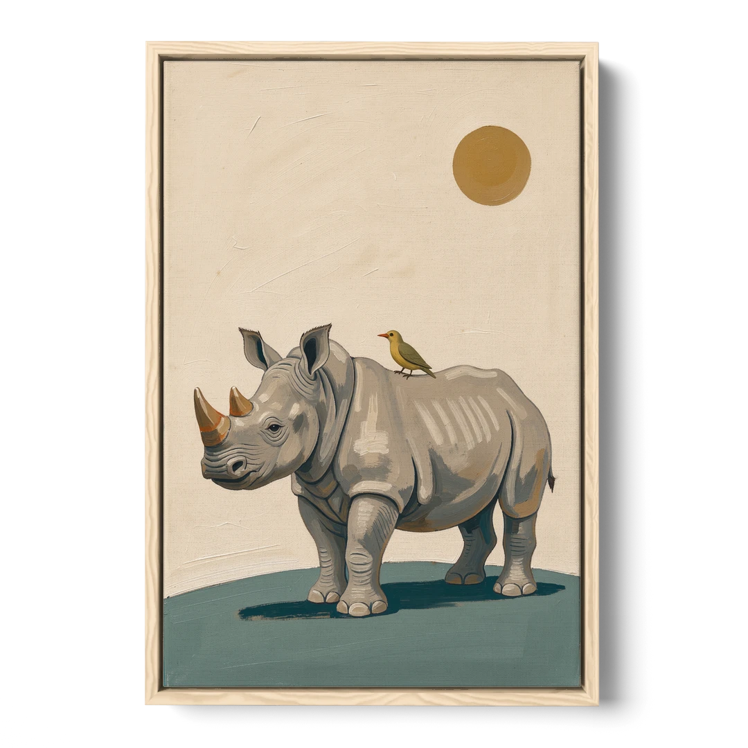Hand Painted Baby Rhino and Oxpecker for the Nursery - Oak Framed Canvas Wall Art - Front