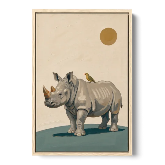 Hand Painted Baby Rhino and Oxpecker for the Nursery - Oak Framed Canvas Wall Art - Front