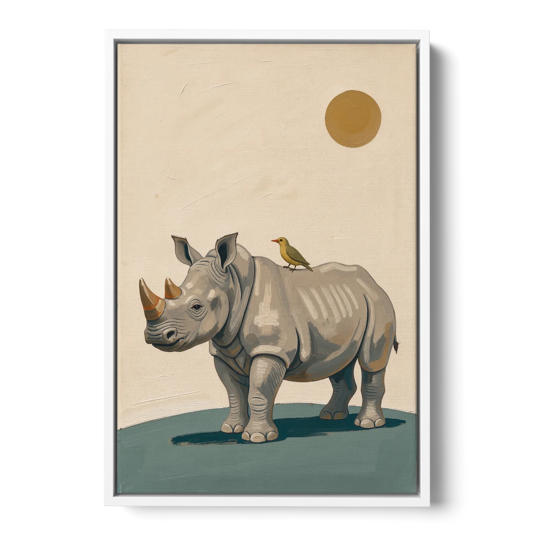Hand Painted Baby Rhino and Oxpecker for the Nursery - White Framed Canvas Wall Art - Front