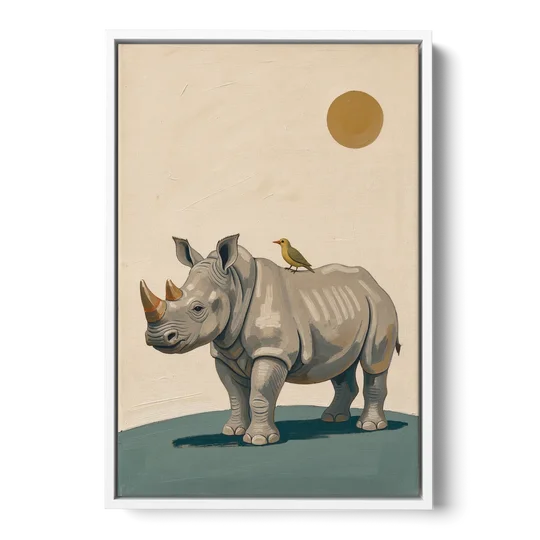 Hand Painted Baby Rhino and Oxpecker for the Nursery - White Framed Canvas Wall Art - Front