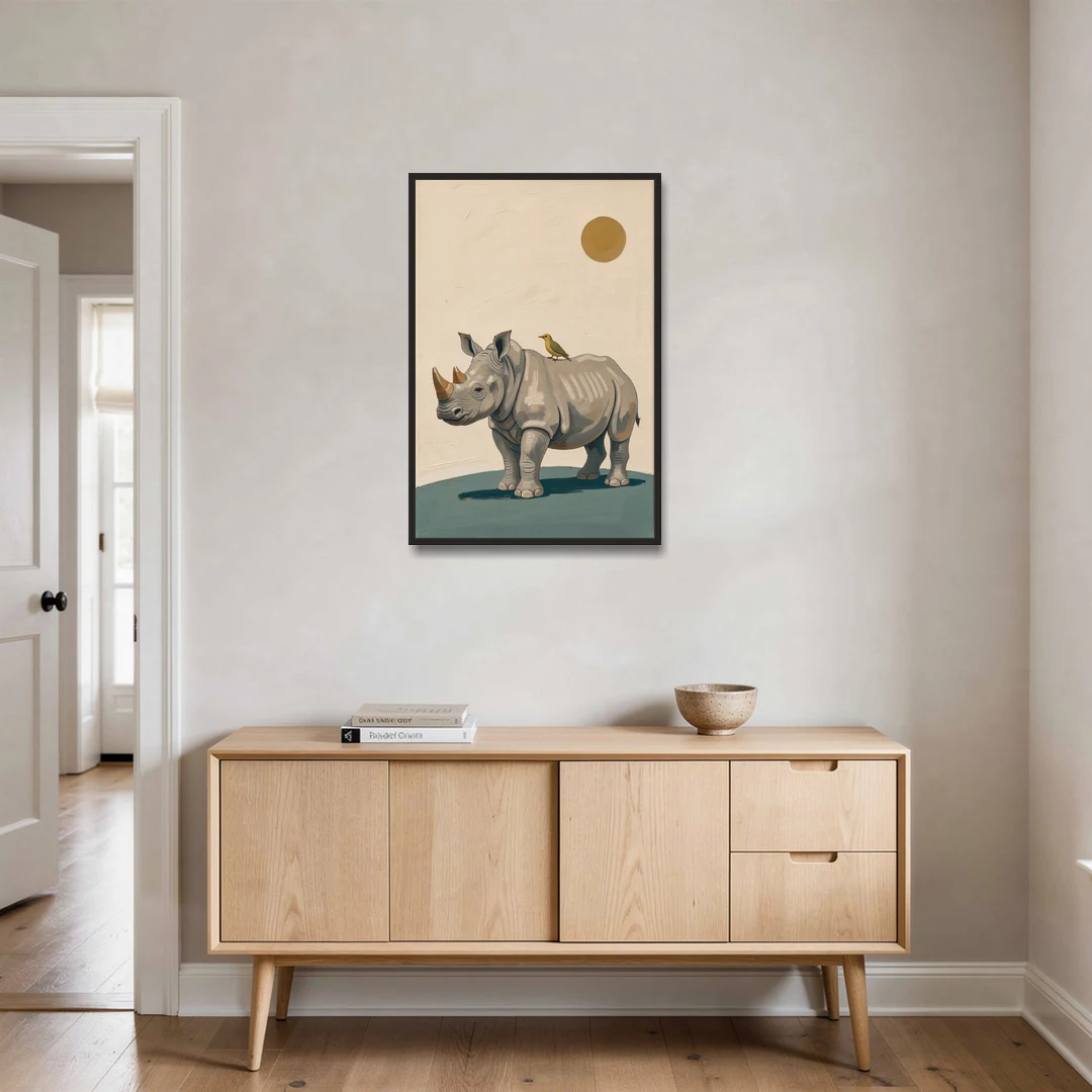 Hand Painted Baby Rhino and Oxpecker for the Nursery - Black Framed Canvas Wall Art - Coffee Table - 24x36