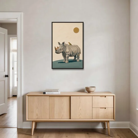 Hand Painted Baby Rhino and Oxpecker for the Nursery - Black Framed Canvas Wall Art - Coffee Table - 24x36
