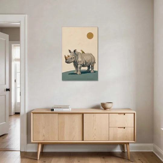 Hand Painted Baby Rhino and Oxpecker for the Nursery - Canvas Wall Art - Coffee Table - 24x36
