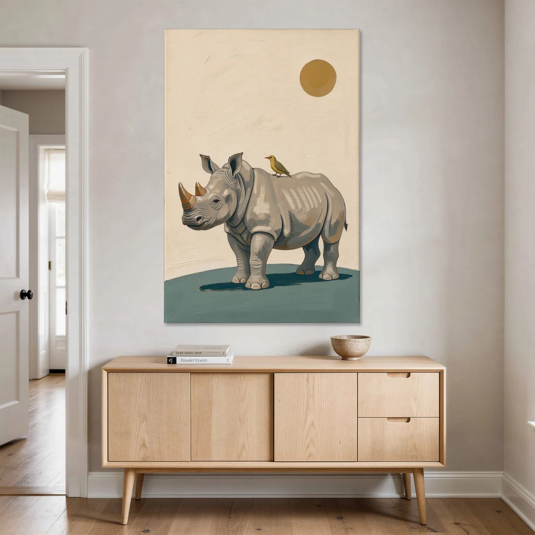 Hand Painted Baby Rhino and Oxpecker for the Nursery - Canvas Wall Art - Coffee Table - 40x60
