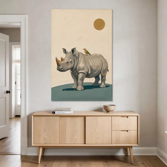 Hand Painted Baby Rhino and Oxpecker for the Nursery - Canvas Wall Art - Coffee Table - 40x60