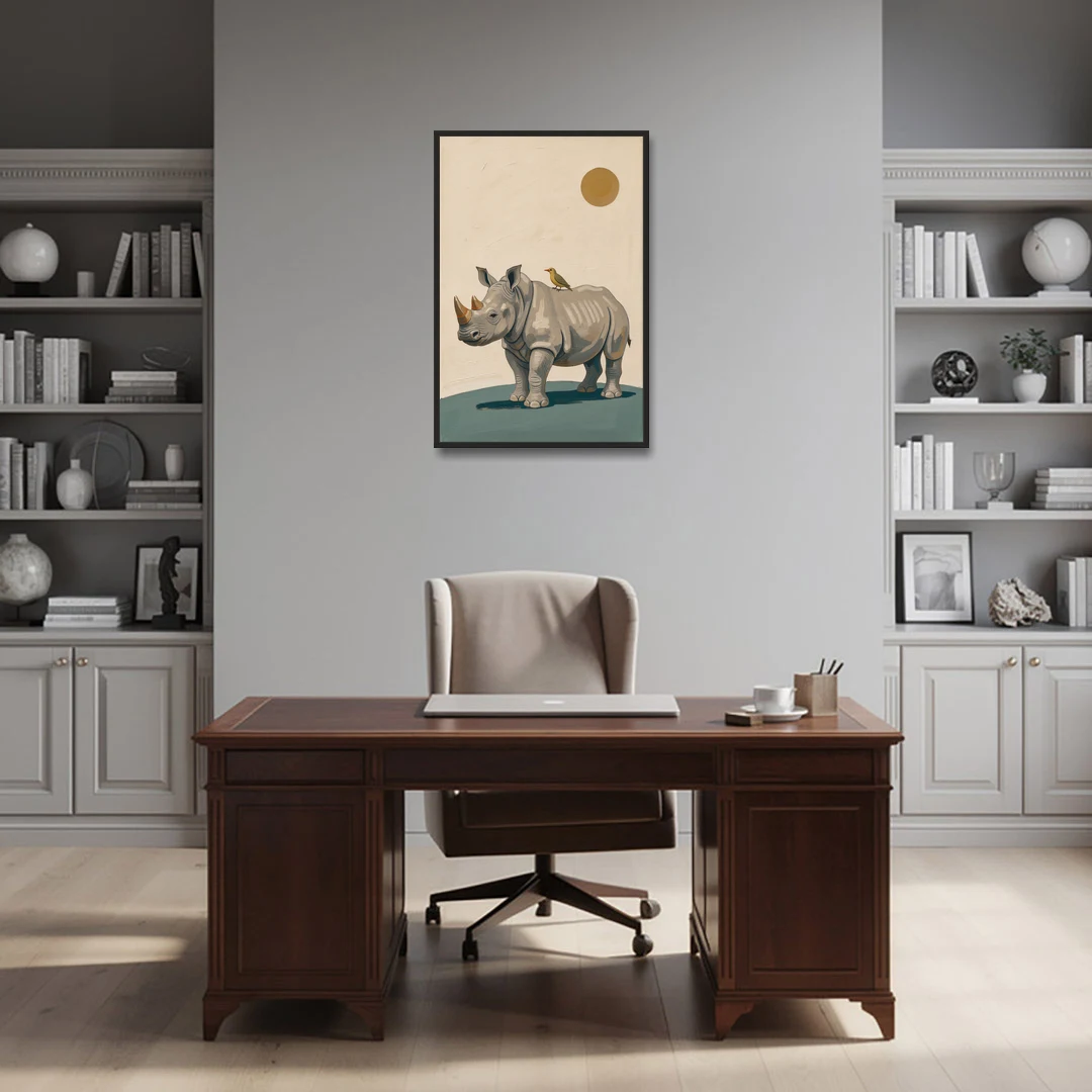 Hand Painted Baby Rhino and Oxpecker for the Nursery - Black Framed Canvas Wall Art - Office - 24x36