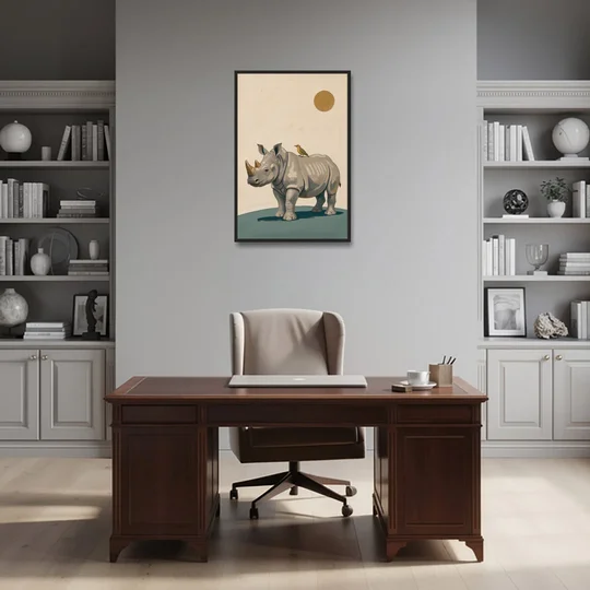 Hand Painted Baby Rhino and Oxpecker for the Nursery - Black Framed Canvas Wall Art - Office - 24x36