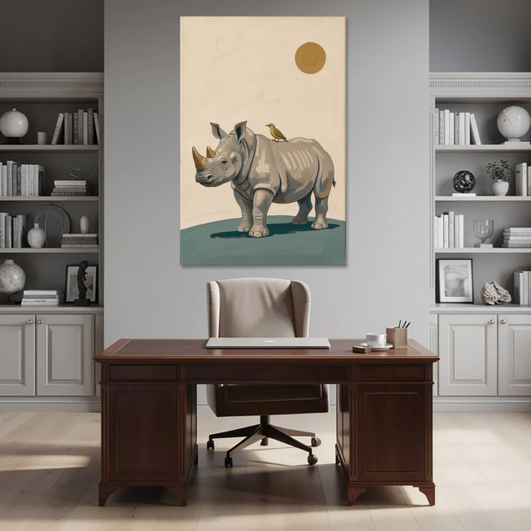 Hand Painted Baby Rhino and Oxpecker for the Nursery - Canvas Wall Art - Office - 40x60