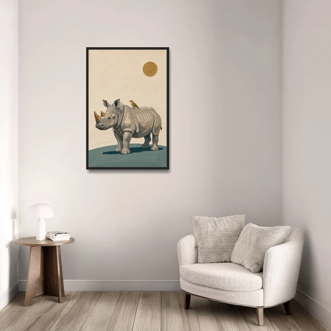 Hand Painted Baby Rhino and Oxpecker for the Nursery - Black Framed Canvas Wall Art - Sofa - 24x36