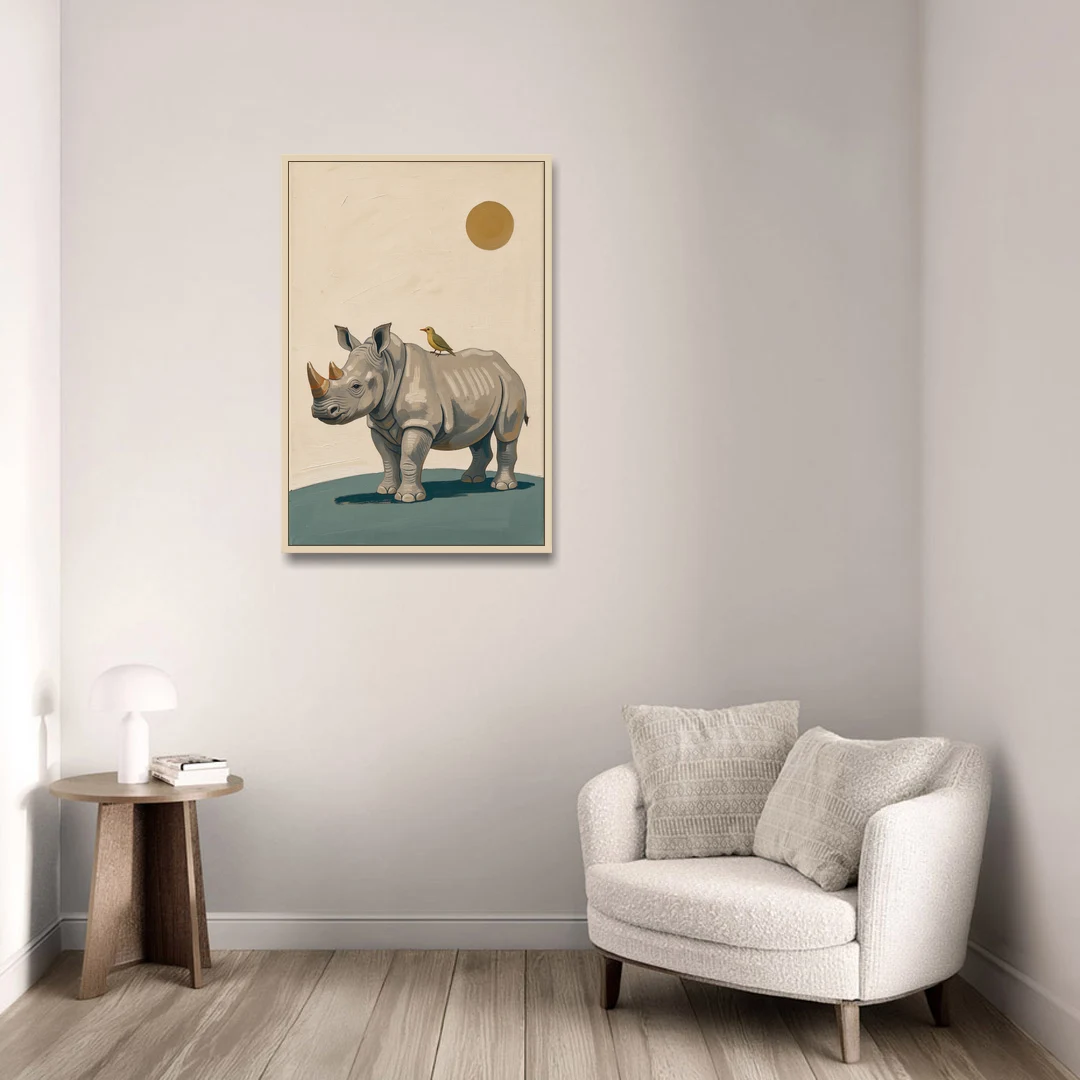 Hand Painted Baby Rhino and Oxpecker for the Nursery - Oak Framed Canvas Wall Art - Sofa - 24x36