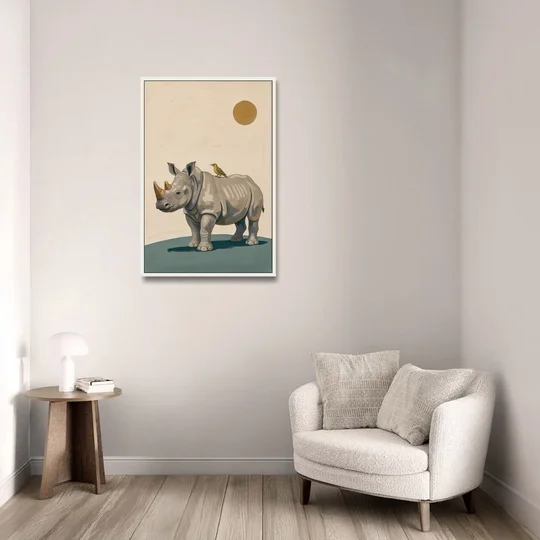Hand Painted Baby Rhino and Oxpecker for the Nursery - White Framed Canvas Wall Art - Sofa - 24x36