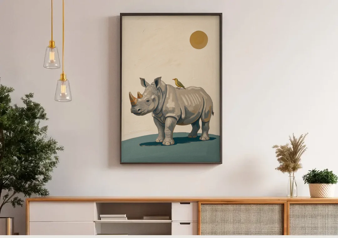 Hand Painted Baby Rhino and Oxpecker for the Nursery canvas wall art above a wooden sideboard under pendant lights