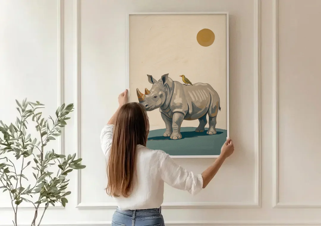 Hand Painted Baby Rhino and Oxpecker for the Nursery canvas wall art being hung on a paneled wall