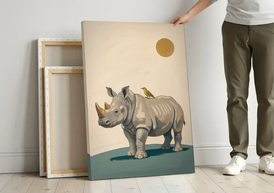 Hand Painted Baby Rhino and Oxpecker for the Nursery canvas wall art leaning against a wall next to blank canvases