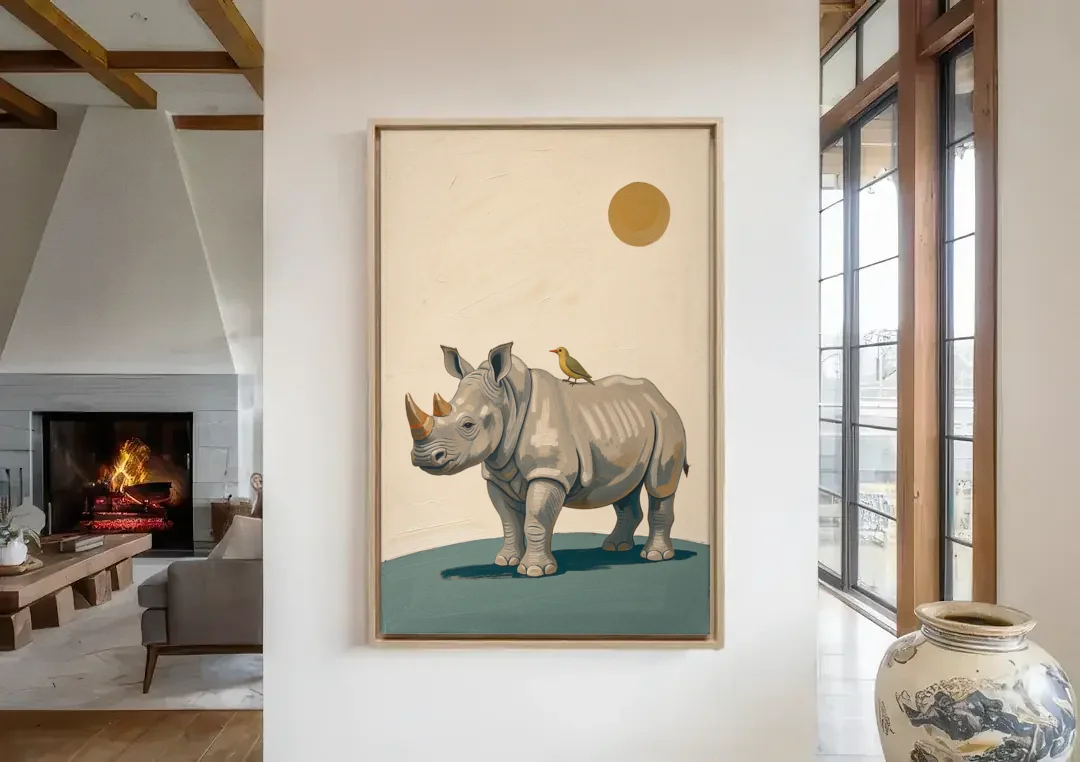 Hand Painted Baby Rhino and Oxpecker for the Nursery canvas wall art in a living room with a fireplace