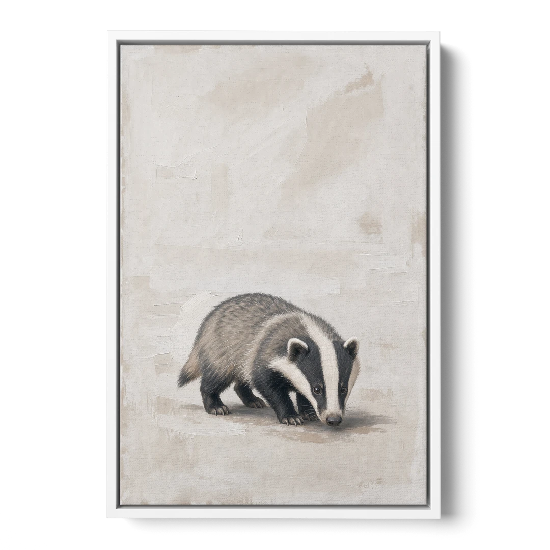 Hand Painted Badger Cub on Linen for the Nursery - White Framed Canvas Wall Art - Front