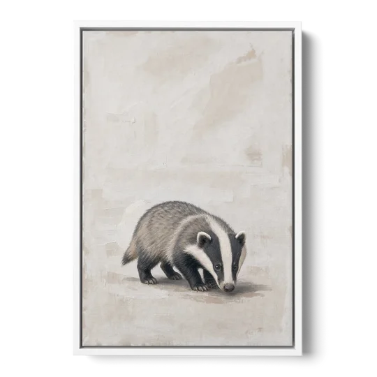 Hand Painted Badger Cub on Linen for the Nursery - White Framed Canvas Wall Art - Front
