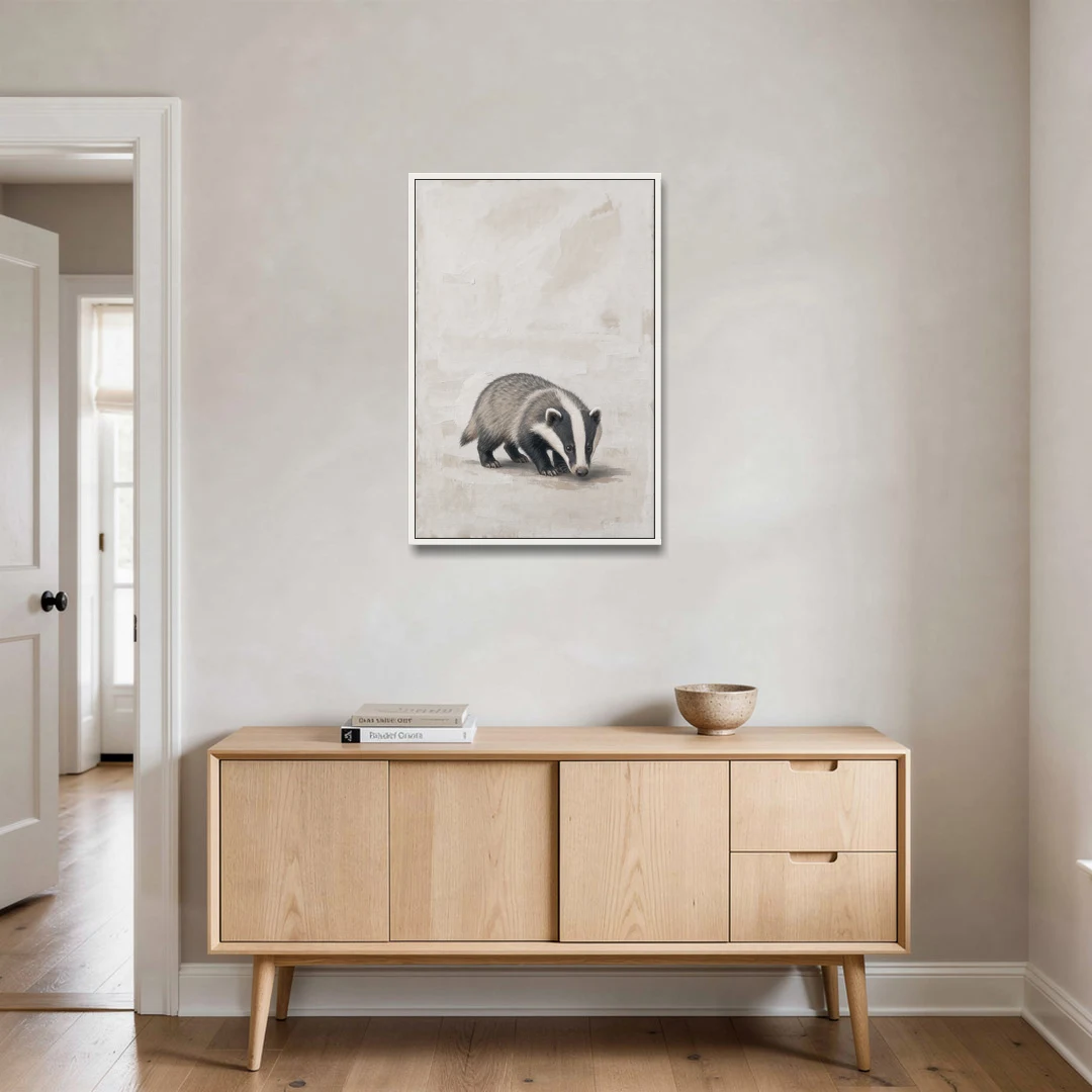 Hand Painted Badger Cub on Linen for the Nursery - White Framed Canvas Wall Art - Coffee Table - 24x36