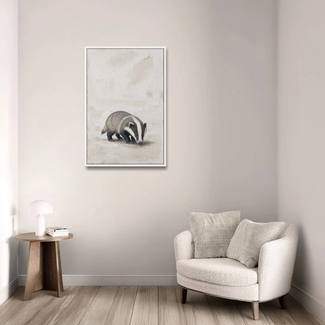 Hand Painted Badger Cub on Linen for the Nursery - White Framed Canvas Wall Art - Sofa - 24x36
