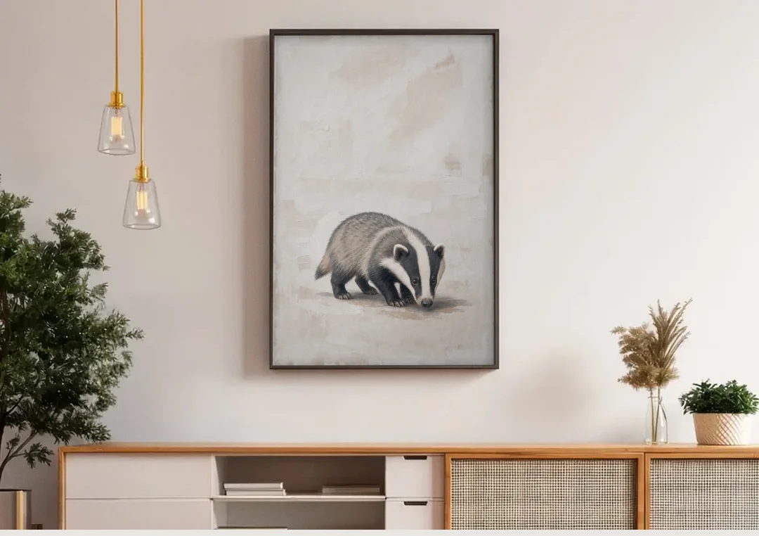 Hand Painted Badger Cub on Linen for the Nursery canvas wall art above a wooden sideboard under pendant lights