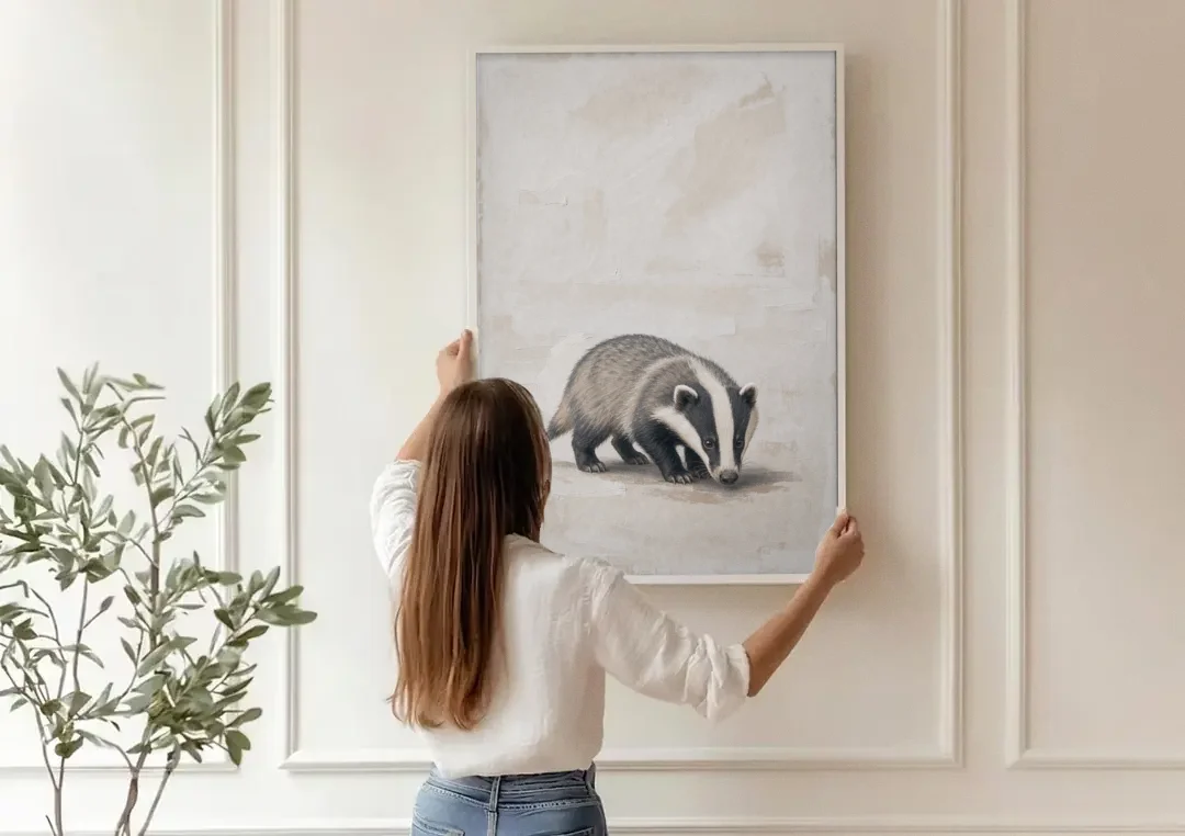 Hand Painted Badger Cub on Linen for the Nursery canvas wall art being hung on a paneled wall