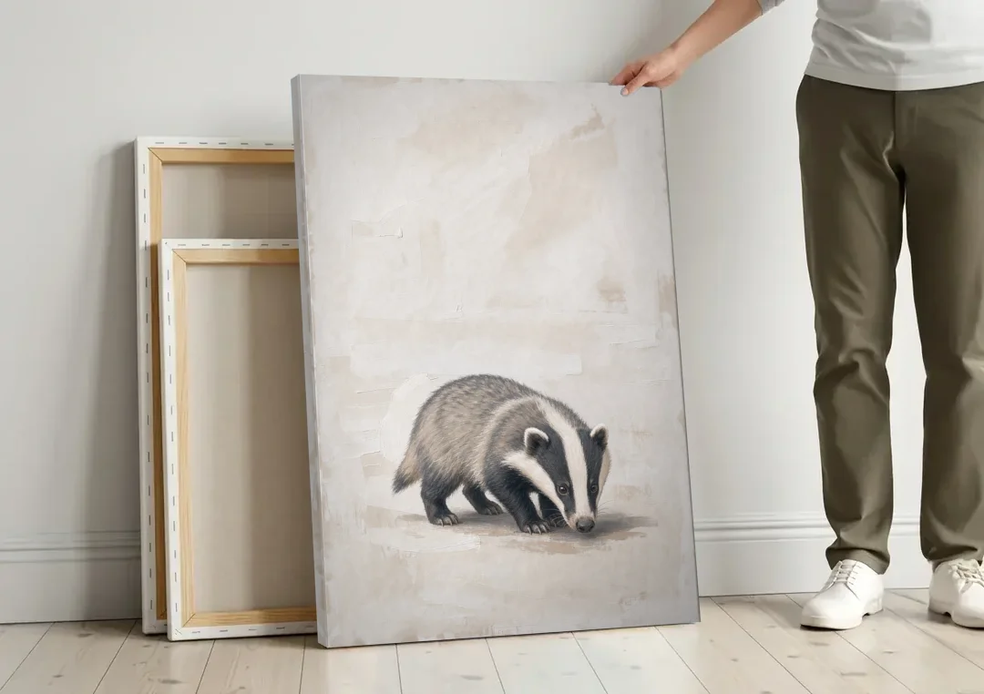 Hand Painted Badger Cub on Linen for the Nursery canvas wall art leaning against a wall next to blank canvases