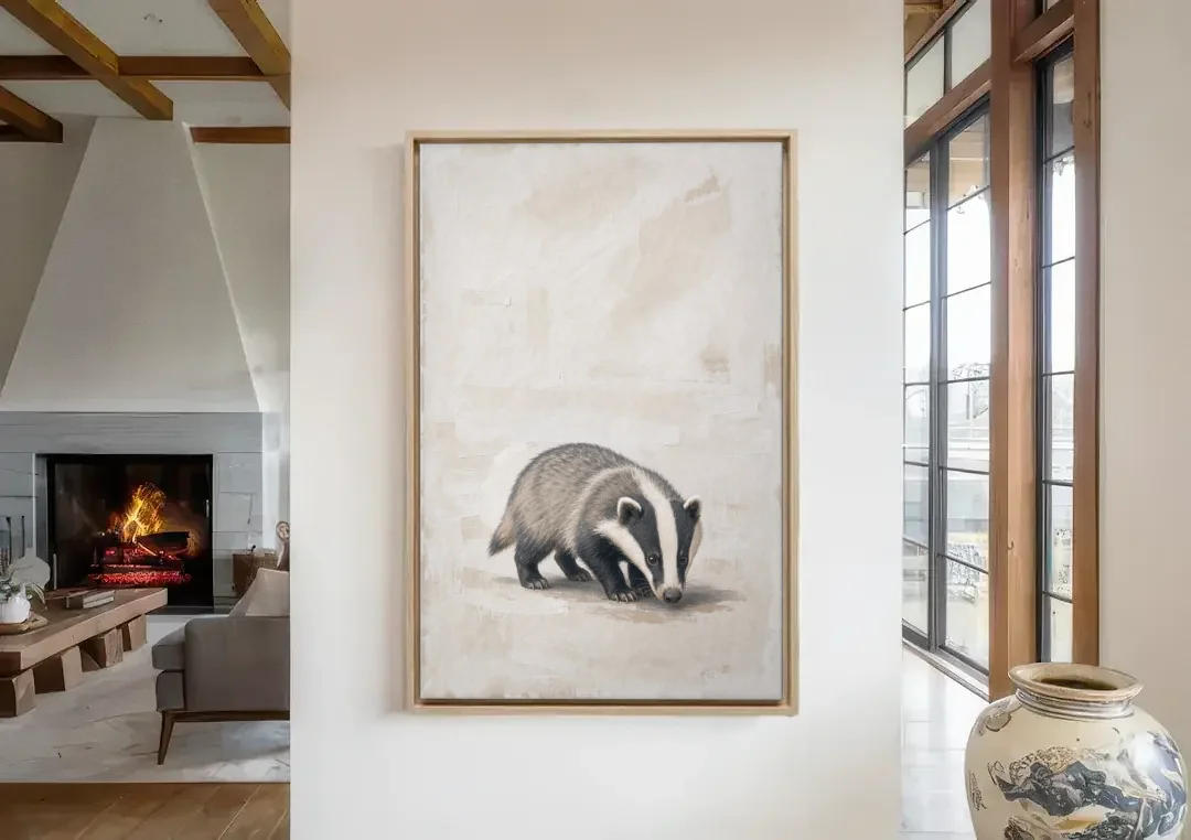 Hand Painted Badger Cub on Linen for the Nursery canvas wall art in a living room with a fireplace