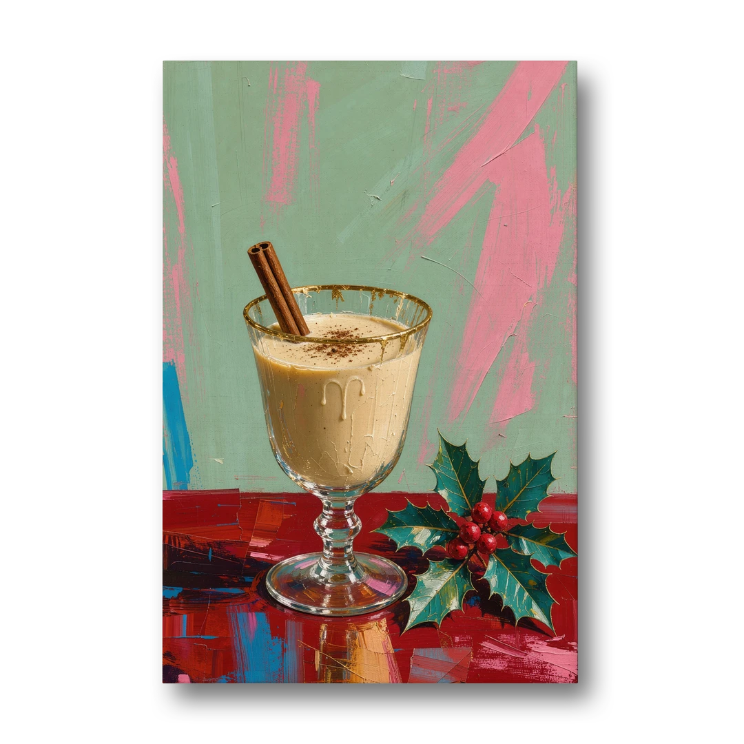 Hand Painted Christmas Canvas of Eggnog with Holly - Canvas Wall Art - Front