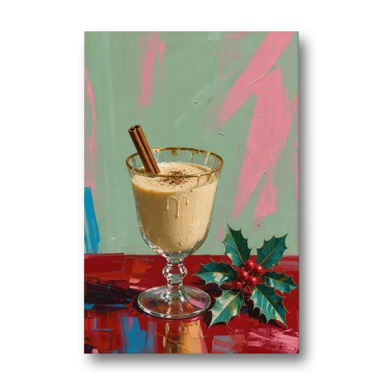 Hand Painted Christmas Canvas of Eggnog with Holly - Canvas Wall Art - Front