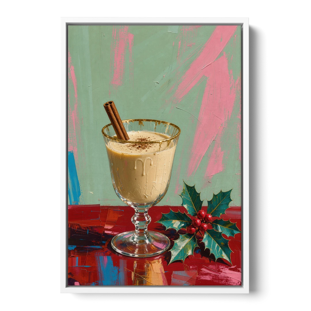 Hand Painted Christmas Canvas of Eggnog with Holly - White Framed Canvas Wall Art - Front