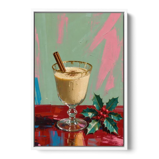 Hand Painted Christmas Canvas of Eggnog with Holly - White Framed Canvas Wall Art - Front