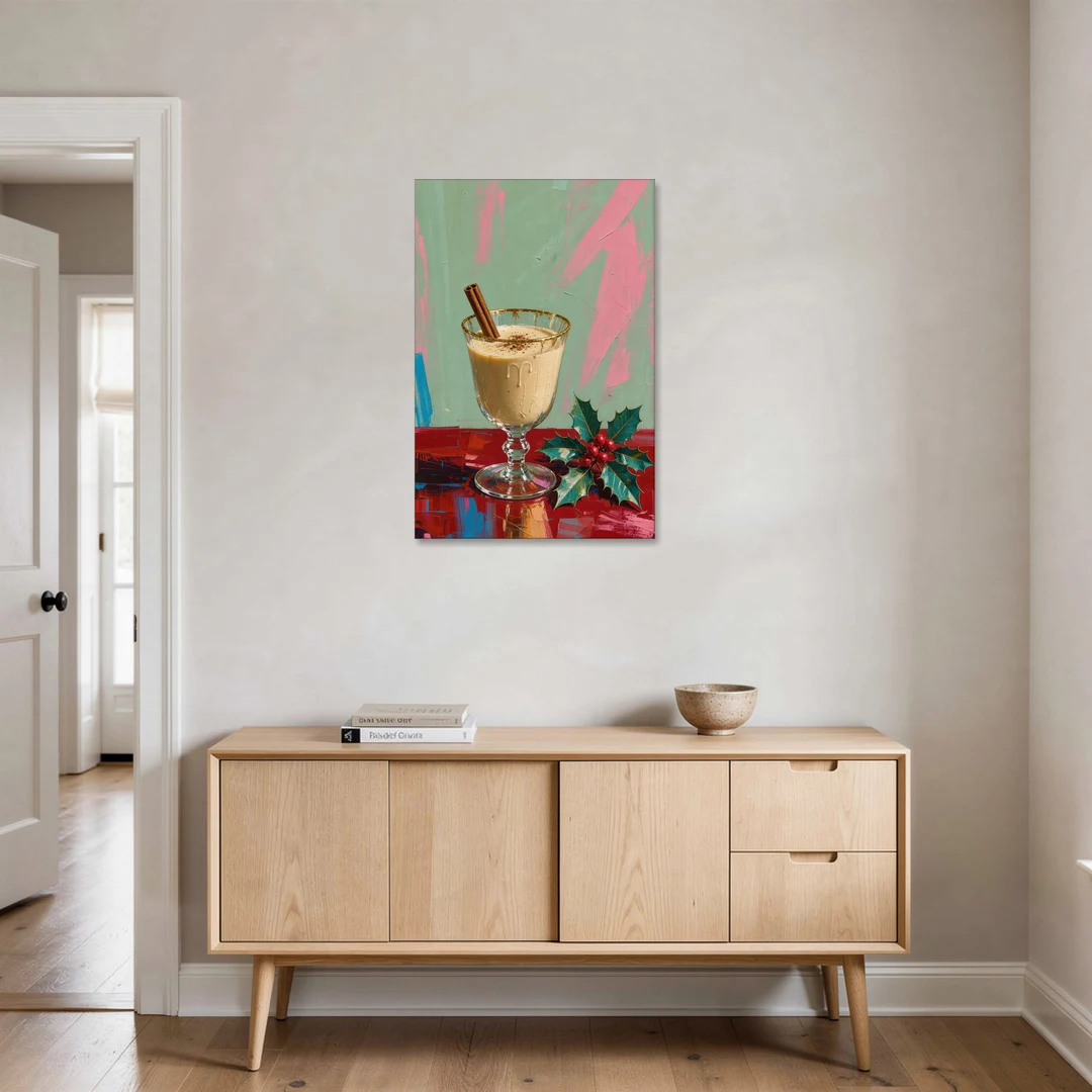 Hand Painted Christmas Canvas of Eggnog with Holly - Canvas Wall Art - Coffee Table - 24x36