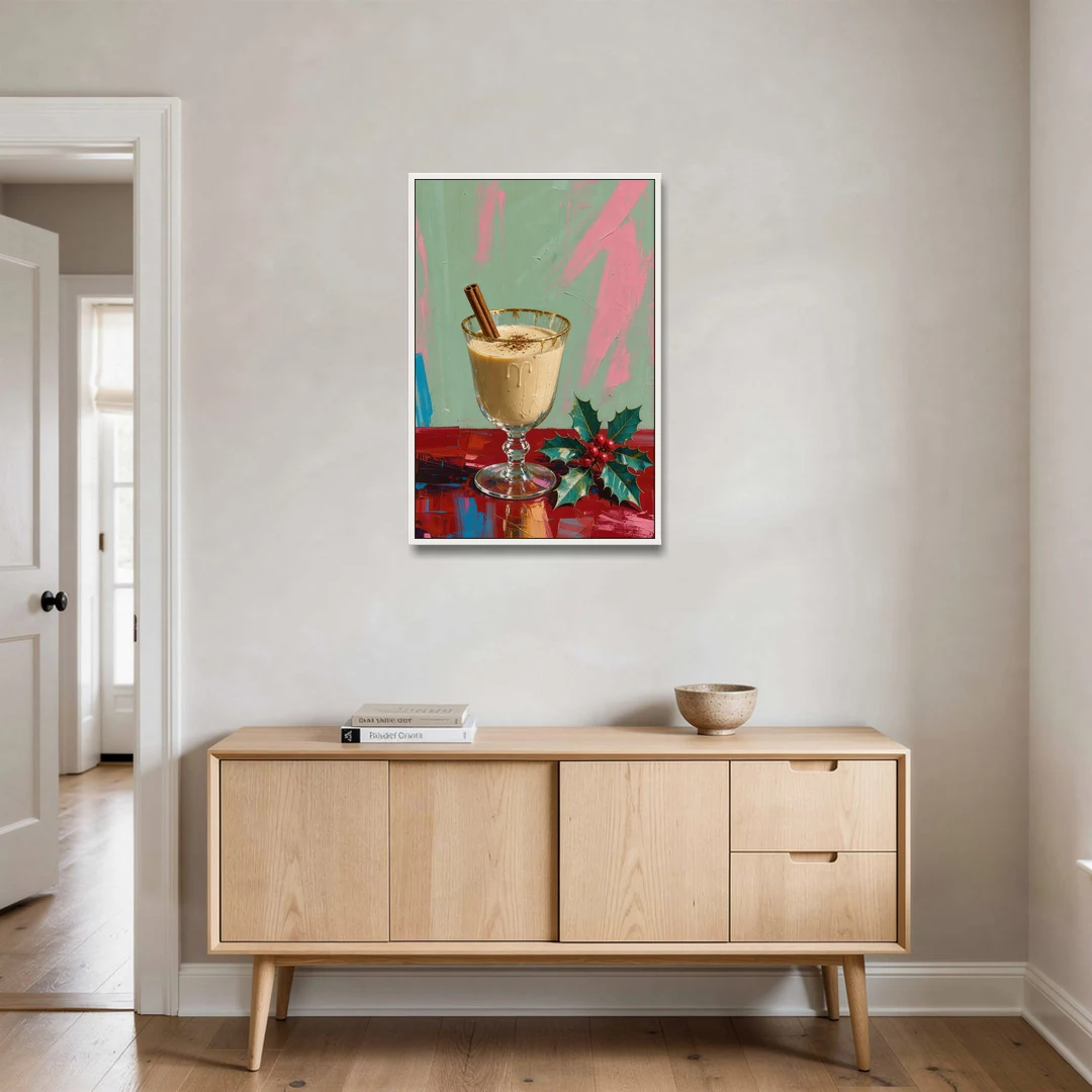 Hand Painted Christmas Canvas of Eggnog with Holly - White Framed Canvas Wall Art - Coffee Table - 24x36