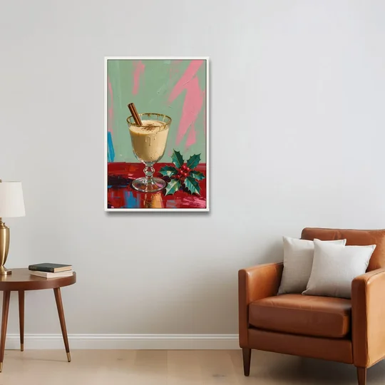 Hand Painted Christmas Canvas of Eggnog with Holly - White Framed Canvas Wall Art - Sofa - 24x36