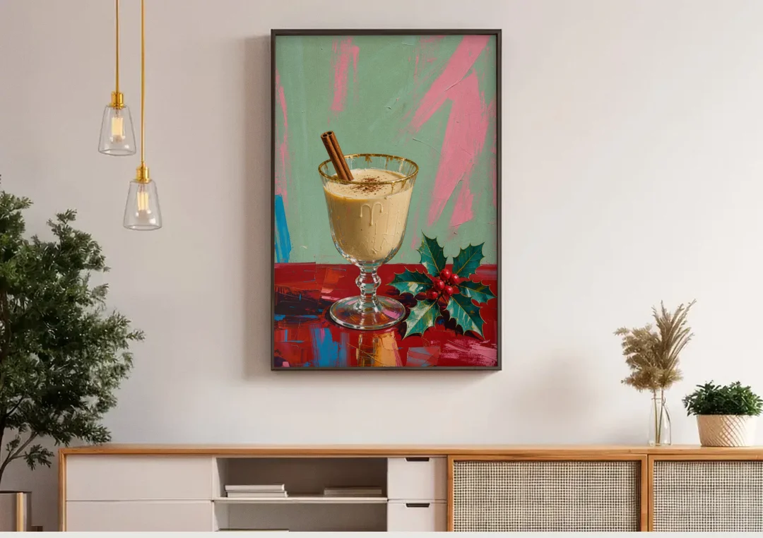Hand Painted Christmas Canvas of Eggnog with Holly canvas wall art above a wooden sideboard under pendant lights
