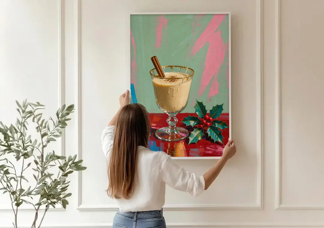 Hand Painted Christmas Canvas of Eggnog with Holly canvas wall art being hung on a paneled wall