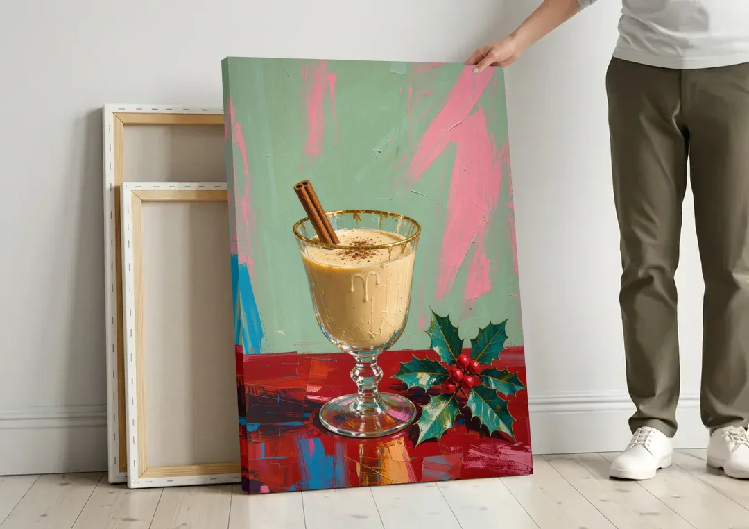 Hand Painted Christmas Canvas of Eggnog with Holly canvas wall art leaning against a wall next to blank canvases